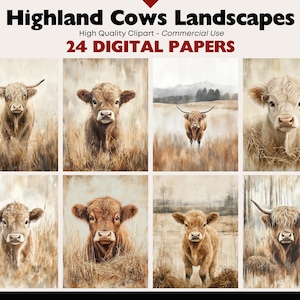 Highland Cow Clipart Bundle Rustic Countryside Landscapes Graphics Printable Junk Journal Animal Digital Download Nature JPEG Commercial Use