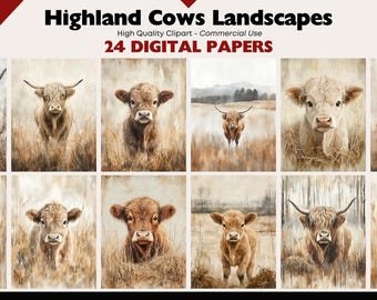 Highland Cow Clipart Bundle Rustic Countryside Landscapes Graphics Printable Junk Journal Animal Digital Download Nature JPEG Commercial Use