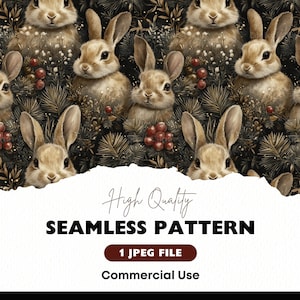 May include: A seamless pattern featuring a repeating design of brown rabbits nestled in a dark green and gold forest setting. The rabbits have white fur around their eyes and noses. The forest is decorated with red berries and gold accents.