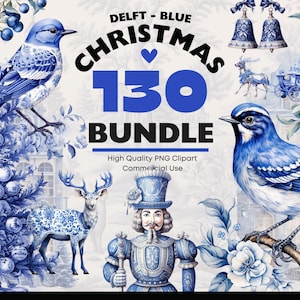 Christmas Delftware Big Clipart Bundle, Vintage Blue Delft Style Pattern, Traditional Christmas PNG Motifs, Dutch Delft Style Ornaments