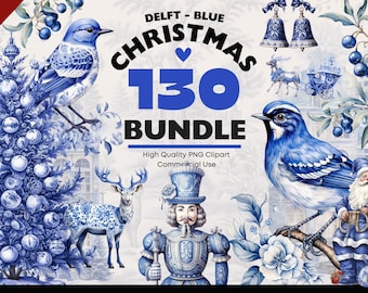 Christmas Delftware Big Clipart Bundle, Vintage Blue Delft Style Pattern, Traditional Christmas PNG Motifs, Dutch Delft Style Ornaments