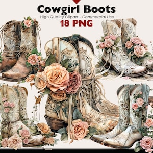 Vintage Cowgirl Stiefel Clipart Bundle, Blumen Cowboy Stiefel Aquarell, rustikale Western bedruckbar, Bauernhof PNG Stiefel, Digital Cowgirl Clipart PNG