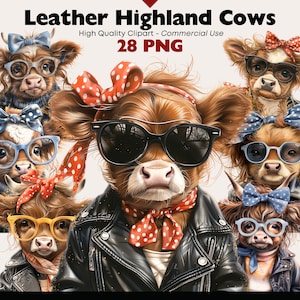 Könnte beinhalten: Eine Gruppe von sieben Highland-Kühen, die Lederjacken, Sonnenbrillen und bunte Stirnbänder tragen. Die Kühe schauen alle in die Kamera. Das Bild ist eine digitale Illustration.