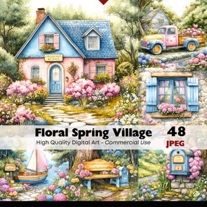 Floral Spring Village Clipart JPEG, Romantic Cottage Scenes, Spring Town Illustrations, Storybook Houses, Digital Papers Commercial Use