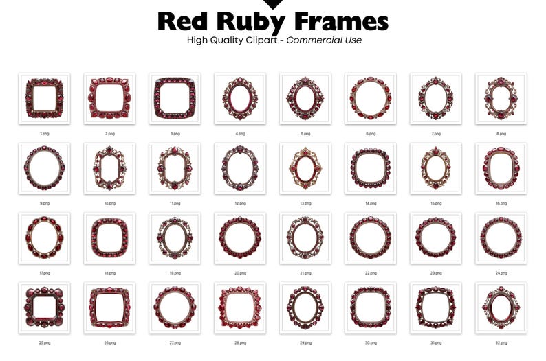 May include: A set of 36 red ruby frames, each with a different design. The frames are ideal for adding a touch of elegance to any project.