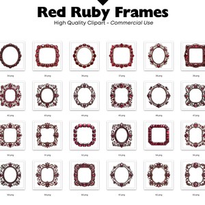 May include: A set of 24 digital clipart images of red ruby frames. The frames are ornate and feature a variety of shapes and sizes.  The frames are perfect for adding a touch of elegance to your designs.