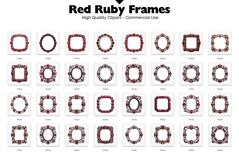 May include: A set of 24 digital clipart images of red ruby frames. The frames are ornate and feature a variety of shapes and sizes.  The frames are perfect for adding a touch of elegance to your designs.