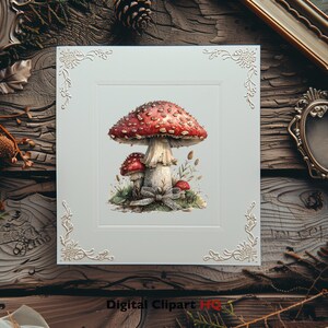 May include: A white card with an ornate border features a watercolor illustration of a red and white mushroom with white spots. The mushroom is surrounded by green foliage and a blue ribbon.