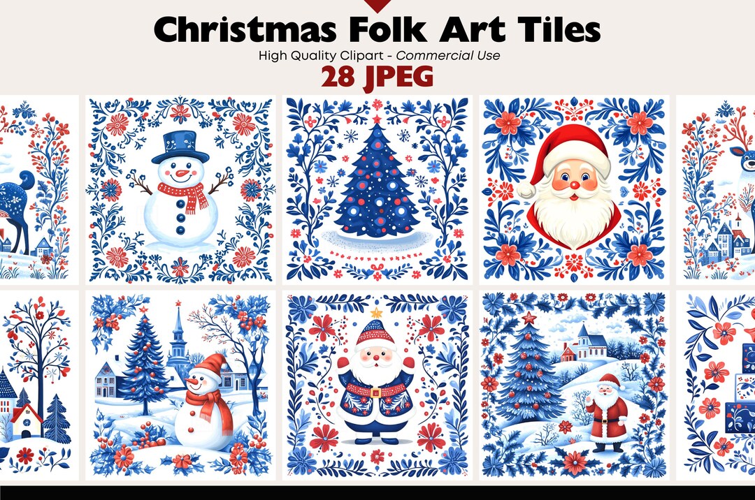 Holiday Tile Pattern Christmas Folk Art Tiles Clipart, Nordic Holiday Tile Art, Blue Red ...