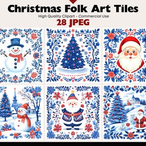 May include: Christmas Folk Art Tiles featuring festive designs. The image showcases a collection of square tiles with illustrations of snowmen, Santa Claus, Christmas trees, and winter scenes, all framed by blue floral patterns and red accents. The text "28 JPEG" is visible.