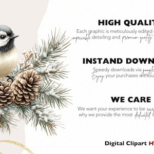 Puede incluir: Una ilustraci&oacute;n de acuarela de un peque&ntilde;o p&aacute;jaro posado en una rama de pino nevada con pi&ntilde;as. El fondo es beige claro con acentos de purpurina dorada. El texto "HIGH QUALITY", "INSTAND DOWNLOAD", "WE CARE" y "Digital Clipart HQ" es visible en texto negro.