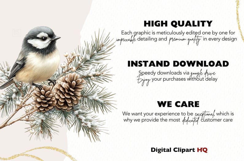 Puede incluir: Una ilustraci&oacute;n de acuarela de un peque&ntilde;o p&aacute;jaro posado en una rama de pino nevada con pi&ntilde;as. El fondo es beige claro con acentos de purpurina dorada. El texto "HIGH QUALITY", "INSTAND DOWNLOAD", "WE CARE" y "Digital Clipart HQ" es visible en texto negro.