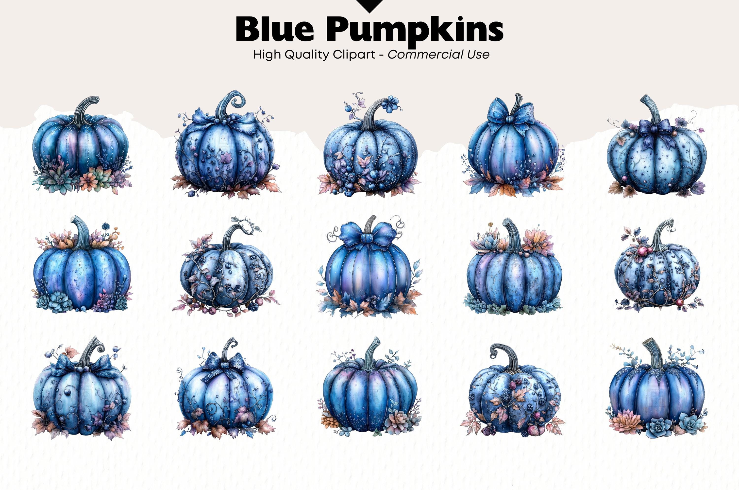Blue Pumpkins Clipart Bundle Autumn Watercolor Png Pumpkin and Leaves ...
