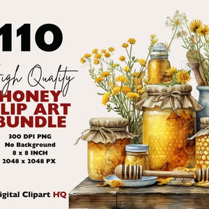 May include: A collection of 110 high quality honey clip art images. The images feature honey jars, honeycombs, and honey dippers. The images are 300 DPI PNG files with no background and are 8 inches by 8 inches in size.
