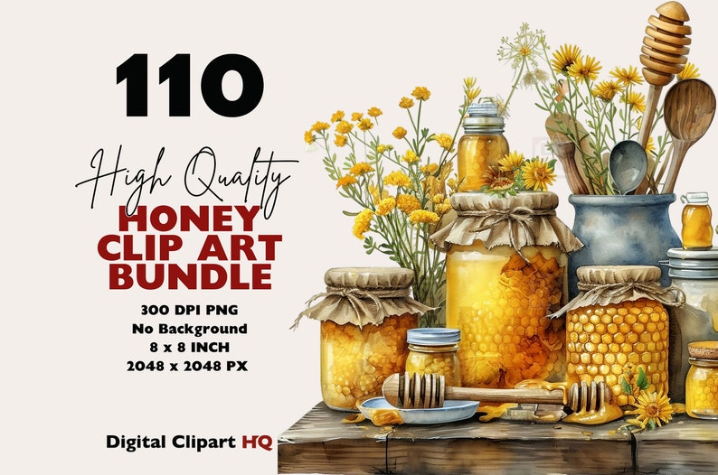 May include: A collection of 110 high quality honey clip art images. The images feature honey jars, honeycombs, and honey dippers. The images are 300 DPI PNG files with no background and are 8 inches by 8 inches in size.