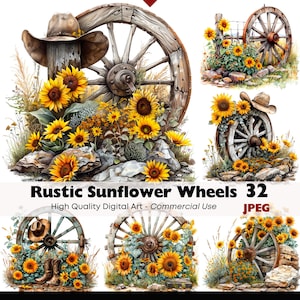 May include: Watercolor digital art featuring rustic sunflower wheels. The image showcases a collection of vintage wagon wheels adorned with vibrant yellow sunflowers, cowboy hats, and boots. The text reads "Rustic Sunflower Wheels 32".