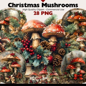 Christmas Mushroom Clipart Bundle Watercolor Woodland Holiday Graphics Digital Download Mushroom PNG Paper Crafts Christmas Png Scrapbooking