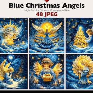 Puede incluir: Arte digital con ángeles navideños azules y dorados. Las imágenes representan ángeles con alas doradas, sobre un fondo de noche estrellada y paisajes invernales. El texto en la parte superior dice "Blue Christmas Angels".