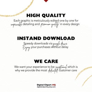 May include: White background with text that reads "HIGH QUALITY", "INSTAND DOWNLOAD", and "WE CARE". The text is in black, with some words in cursive. The image also includes the Etsy shop's name and website.