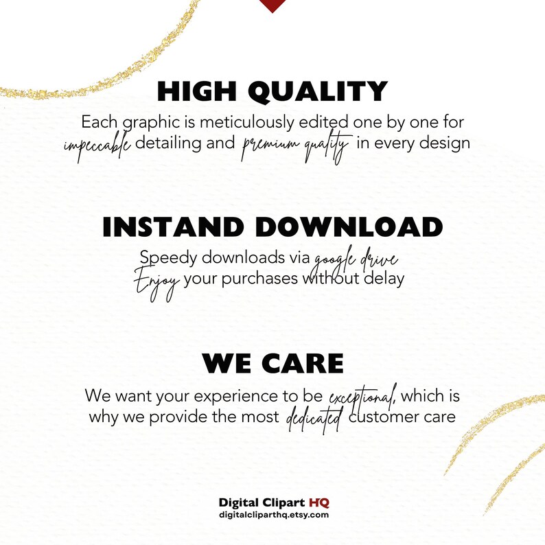 May include: White background with text that reads "HIGH QUALITY", "INSTAND DOWNLOAD", and "WE CARE". The text is in black, with some words in cursive. The image also includes the Etsy shop's name and website.