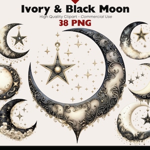 Moon Clipart Bundle, White And Black Lunar Watercolor Clipart, Moon PNG, Gothic Junk Journal, Dark Moons Print, Lunar Wall Art, Luna PNG