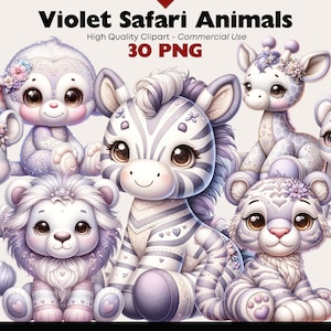 Violeta Safari Animal Clipart, Animal Tropical PNG, Acuarela Safari Plushies Ilustraciones, Sala de Vivero Púrpura Clipart Vida Silvestre Tropical