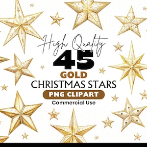 May include: An image featuring a collection of 45 gold Christmas stars in various sizes. The stars are set against a white background. Text includes "High Quality", "45 Gold Christmas Stars", "PNG Clipart", and "Commercial Use".