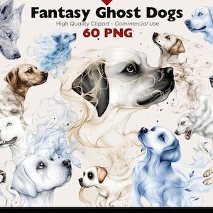 60 Fantasy Ghost Dogs Clipart Flying Puppy PNG Transparent Background Watercolor Spooky Animal Digital Download Paper Crafts Scrapbooking