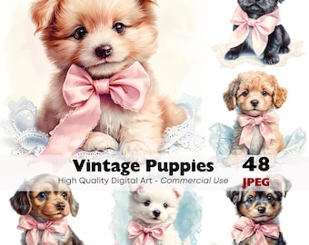 Vintage Puppy Clipart Bundle, Cute Dogs with Bows, Shabby Chic Pet Illustrations, JPEG Images for Junk Journals, Cards, Nursery Decor
