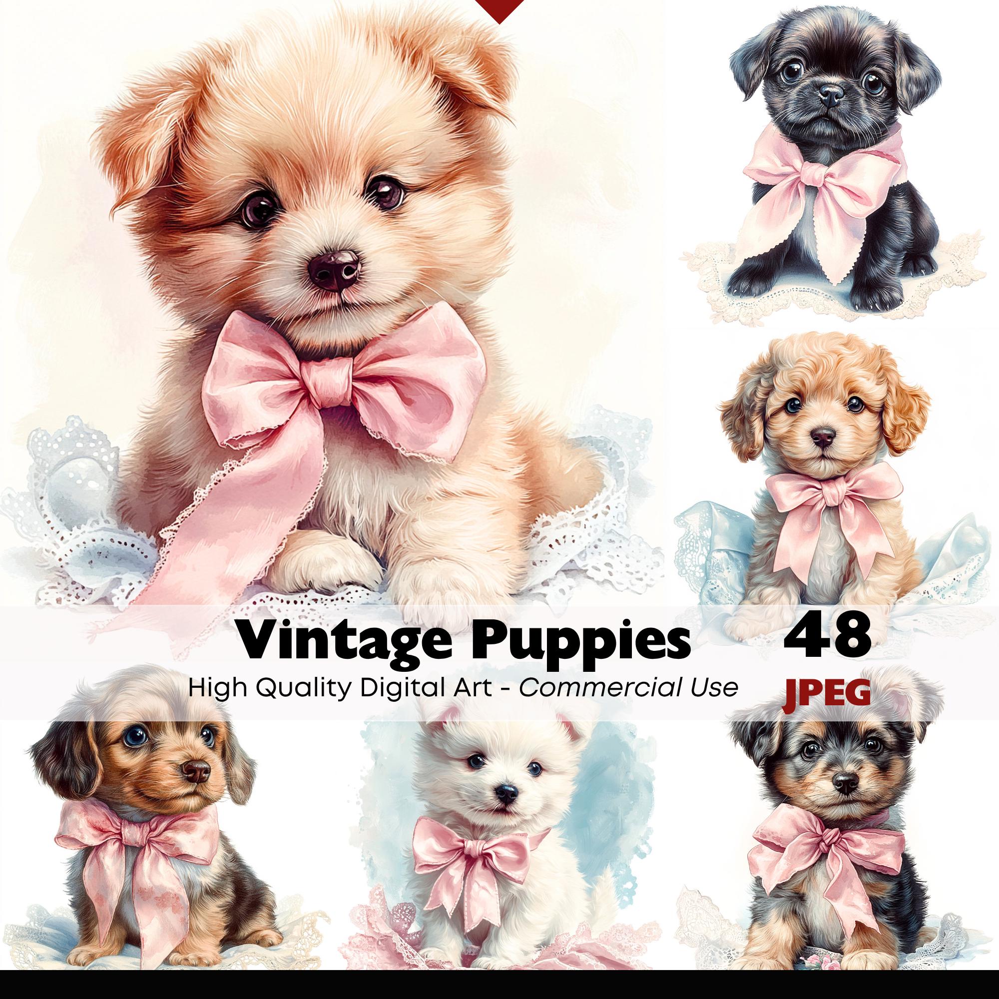 Vintage Puppy Clipart Bundle, Cute Dogs With Bows, Shabby Chic Pet ...