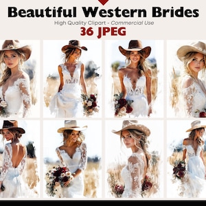 May include: Digital art featuring multiple images of women in white wedding dresses and cowboy hats. Each woman holds a bouquet of red flowers. The text "Beautiful Western Brides" and "36 JPEG" are displayed at the top of the image.