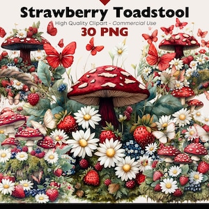 Bundle de cliparts fraise champignon lunatique aquarelle PNG graphiques en téléchargement numérique Fantasy Woodland Paper Crafts Scrapbooking