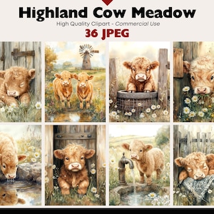 May include: A collection of watercolor illustrations featuring Highland cows in a meadow setting. The images showcase various scenes, including cows near a wooden door, by a water source, and in a field with a windmill. The text "Highland Cow Meadow" is at the top.