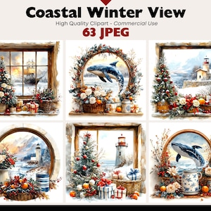 May include: Watercolor clipart set titled "Coastal Winter View" featuring various winter coastal scenes. Each scene is framed by a window or archway, showcasing elements like Christmas trees, lighthouses, and whales. The set includes 63 JPEG images.