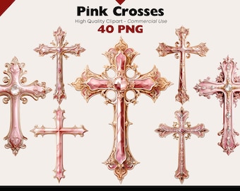 Pink Cross Clipart Bundle, Vintage Cross PNG, Religious Graphics Watercolor, Christian PNG Paper Crafts Digital Download, Cross Scrapbooking