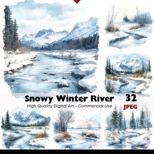 May include: A collection of watercolour digital art prints depicting snowy winter river scenes. The images show rivers winding through snow-covered landscapes, with mountains in the background. Text includes "Snowy Winter River" and "High Quality Digital Art - Commercial Use".