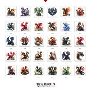 May include: A collection of watercolor dragon illustrations in various colors, each set against a white background. The dragons are depicted with intricate details, some with castles. The text "Digital Clipart HQ digitalcliparthq.etsy.com" is at the bottom.