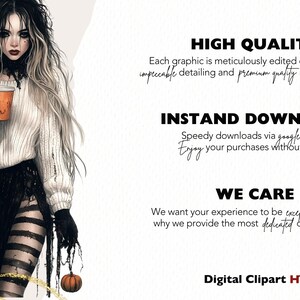 May include: Digital illustration of a woman with long, flowing black and white hair, wearing a white sweater, black skirt, and striped leggings. She holds a pumpkin-themed cup. The image includes text: "HIGH QUALITY", "INSTAND DOWNLOAD", "WE CARE", and "Digital Clipart HQ".
