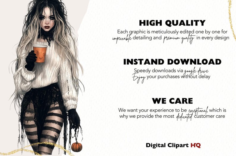 May include: Digital illustration of a woman with long, flowing black and white hair, wearing a white sweater, black skirt, and striped leggings. She holds a pumpkin-themed cup. The image includes text: "HIGH QUALITY", "INSTAND DOWNLOAD", "WE CARE", and "Digital Clipart HQ".