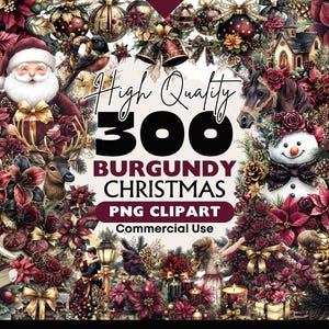 Burgundy Christmas Clipart Bundle - Rustic Winter Graphics Digital Download Watercolour Png Christmas Ornaments in Red and Gold