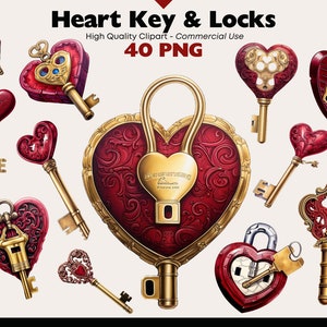 Lock And Key Clipart Bundle, Heart Lock PNG, Romantic Clip Art, Key To Heart Graphics, Valentines Day PNG, Red And Gold Heart Keys Images
