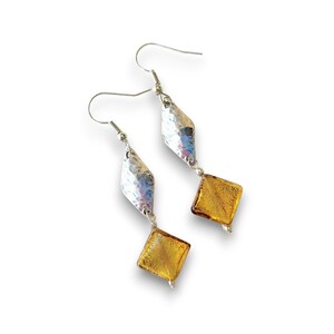 Authentic Murano Glass Earrings Jewelry | Golden Yellow and Sterling Silver Square Charm Earrings | Venetian Beads | Gift for Her | Dangling