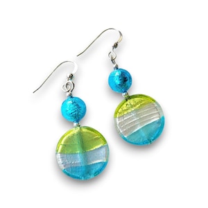 Authentic Murano Glass Earrings | Sterling Silver Blue Green Foil Round Earrings | Venetian Beads | Handmade | Gift for Her | Dangling