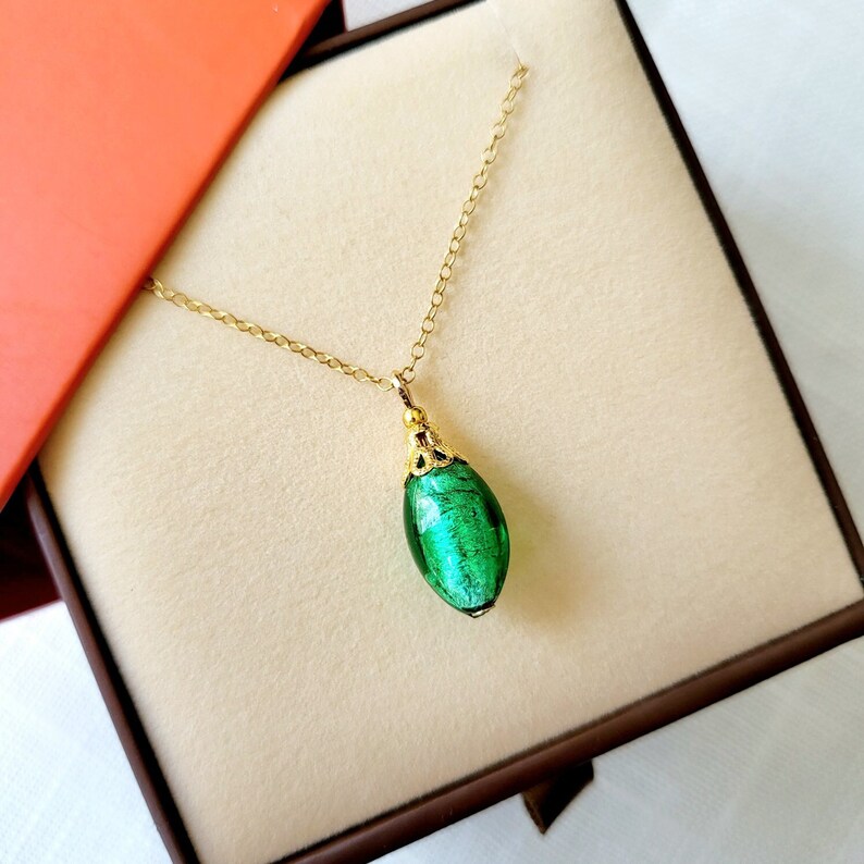 Authentic Murano Glass Charm Necklace Green Oval Teardrop Etsy
