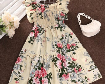 Summer Girl's Long Skirt Polyester Square Collar Suspender Sleeveless Lace Play Smocking A-line Print Dress Pleated Comfortable