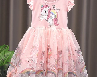 Mädchen Kleidung Sommer Prinzessin Kleider Fliegende Ärmel Kinder Kleid Einhorn Party Baby Kleider für Kinder Kleidung
