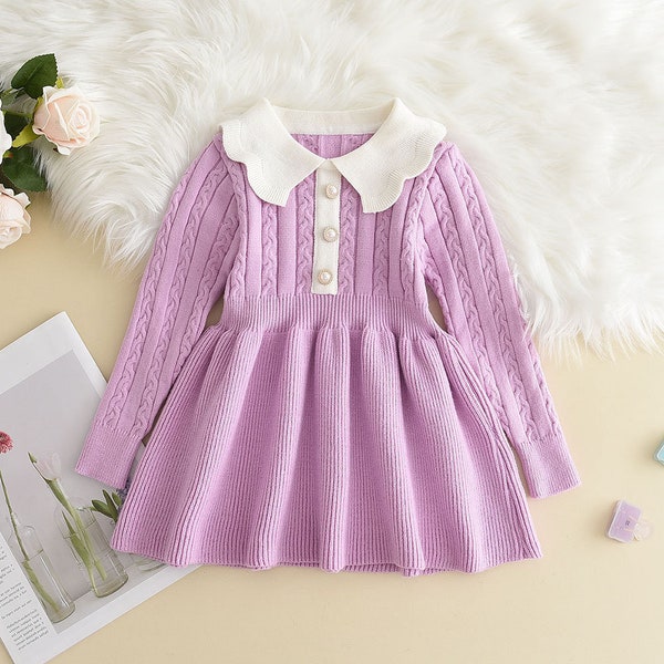 Hiver filles tricot laine robe à manches longues automne filles bébé à volants tricoté princesse robe pull vêtements décontractés