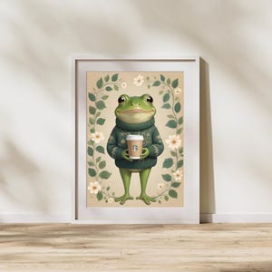 Lámina artística de rana acogedora, decoración de pared con animales caprichosos, imprimible de estética cottagecore, regalo ideal para amantes del café, obra de arte digital descargable