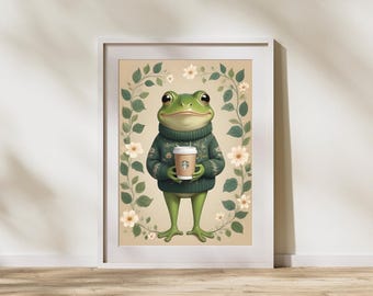 Cozy Frog Art Print, Whimsical Animal Wall Decor, Cottagecore Aesthetic Printable, Cute Coffee Lover Gift, Digital Downloadable Artwork