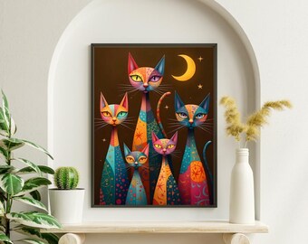 Stampa artistica di gatti geometrici colorati - Decorazione murale stravagante, illustrazione di luna e stelle, download immediato, arte murale, arte murale con gatti